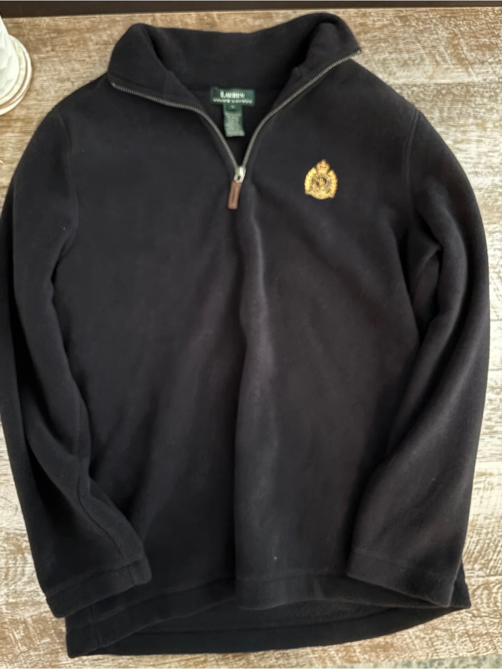 Ralph Lauren Black Quarter-Zip Fleece Sweater with Gold Crest